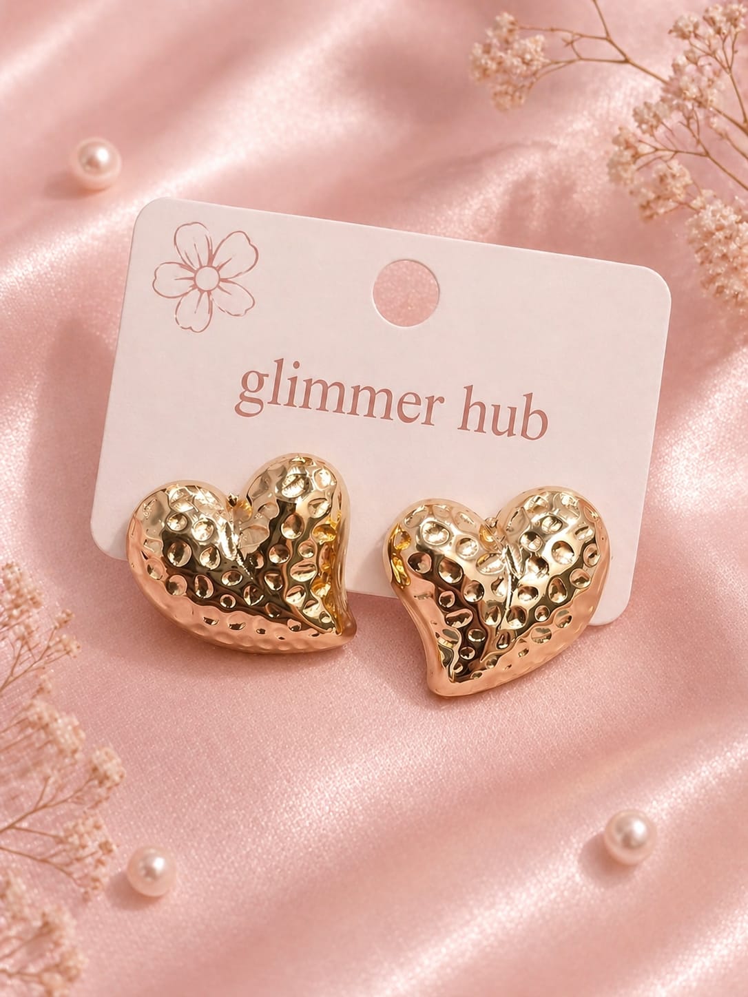 Golden Textured Heart Stud Earrings – Elegant Romantic Statement - Glimmer Hub